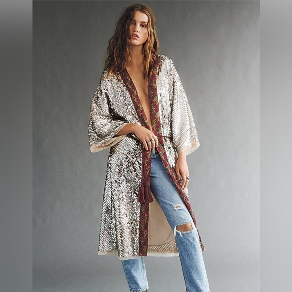 NWT Free People Sequin Metallic Light Is Coming Duster
